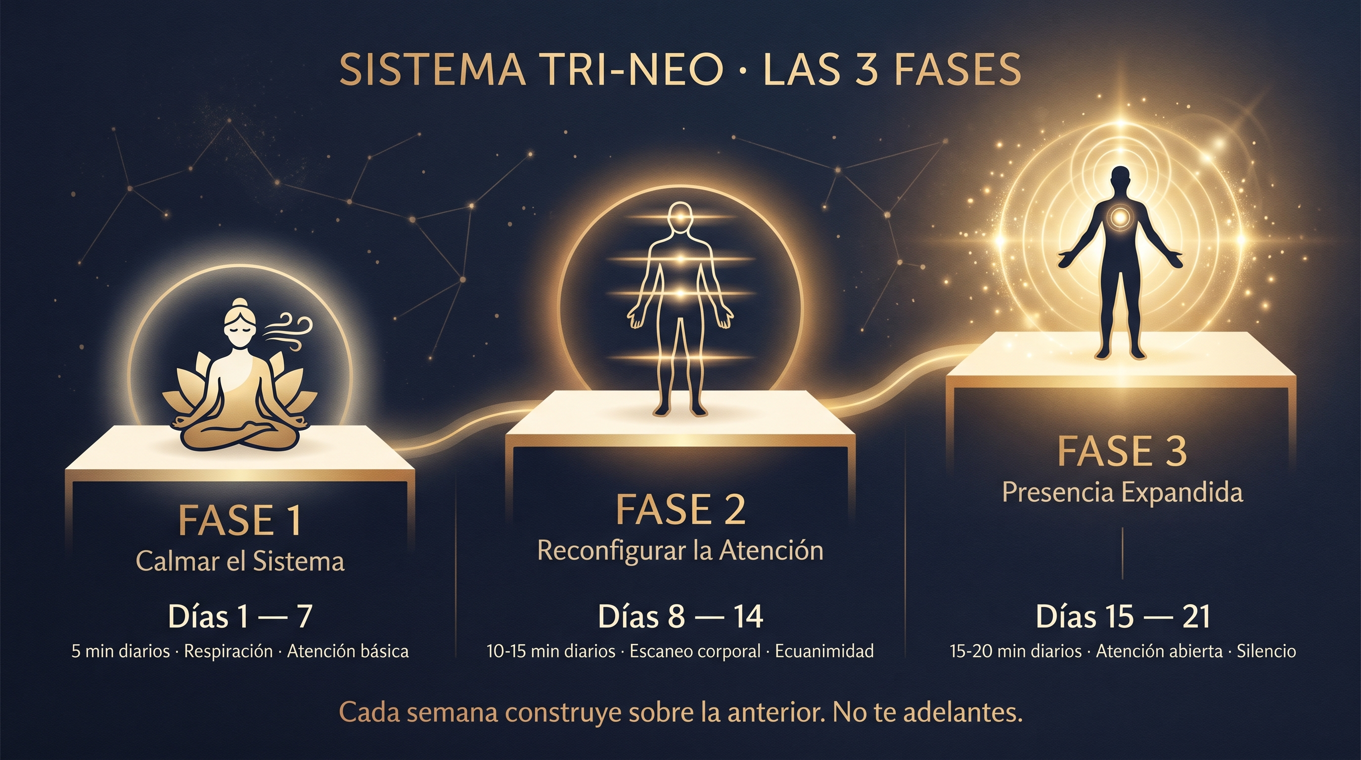 Escalera visual de las 3 fases TRI-NEO: Fase 1 (Calmar · 5 min · Días 1-7) → Fase 2 (Reconfigurar · 10-15 min · Días 8-14) → Fase 3 (Expandir · 15-20 min · Días 15-21)